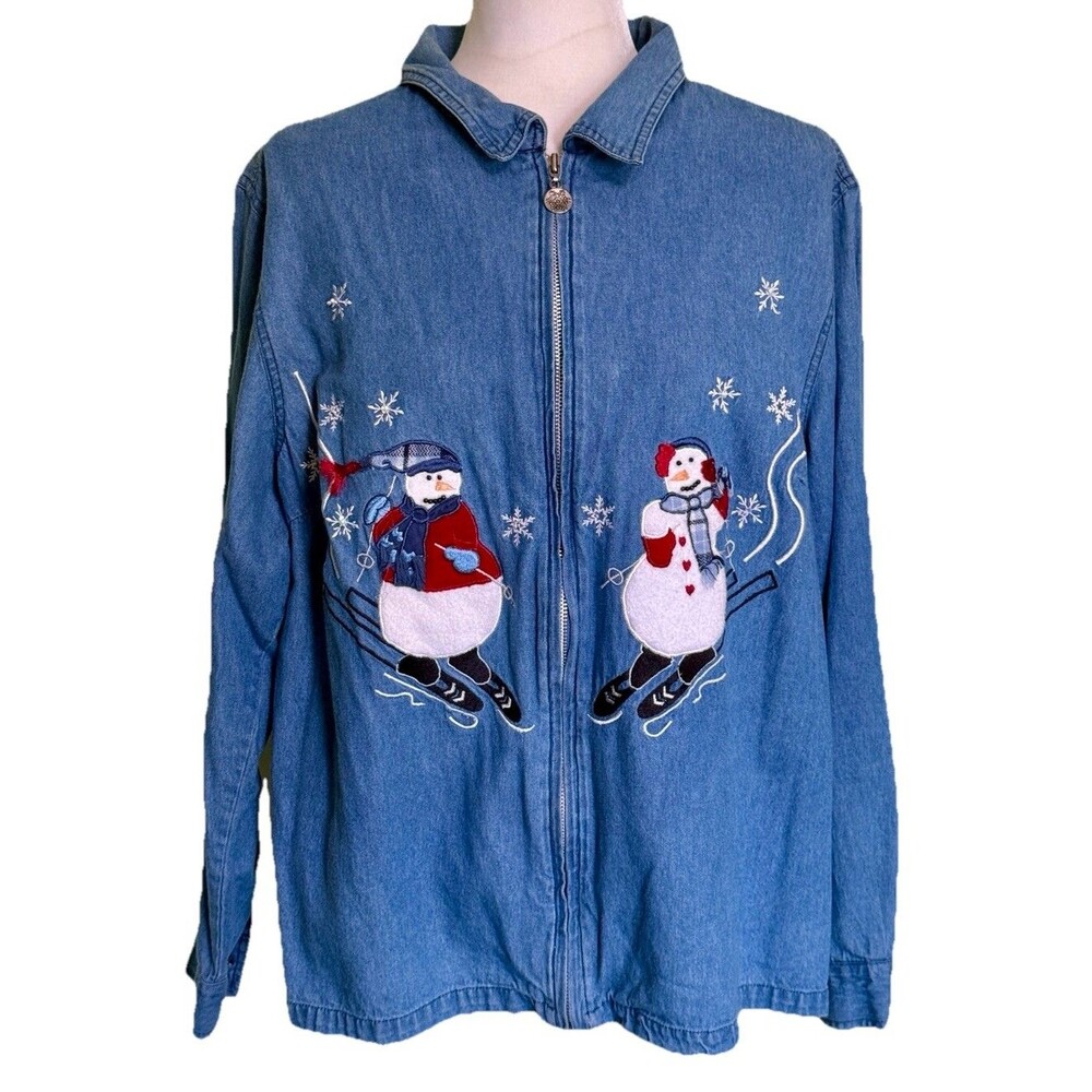 Fashion Bug Womens 80's Denim Christmas Snowman Holiday Shirt Jacket Size 18/20W